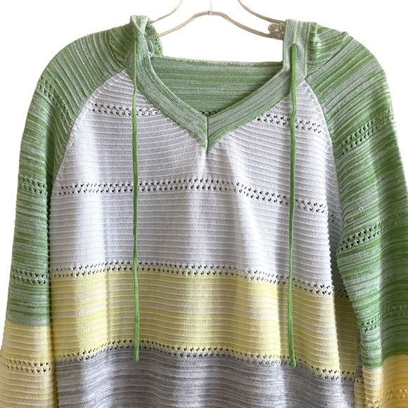 Lightweight block green, yellow, white & gray striped long sleeve hoodie - Picture 3 of 14